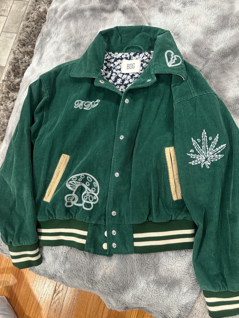BDG Dark Green Corduroy Varsity Jacket with Cream Trim
